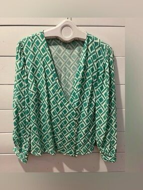 C&A Green Geometric Wrap Blouse Size M